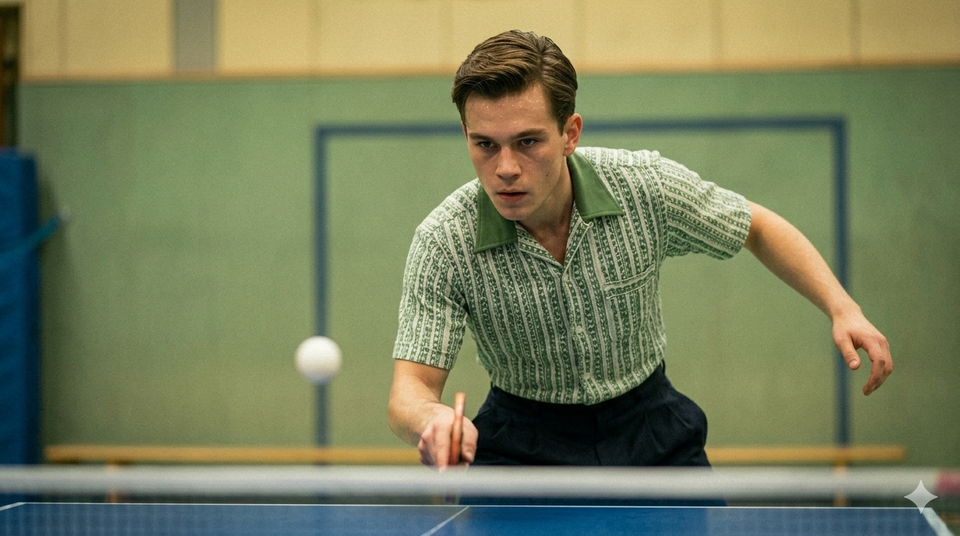 (KI-generiertes Symbolbild) Tischtennis Action im Retro-Stil Marty Supreme